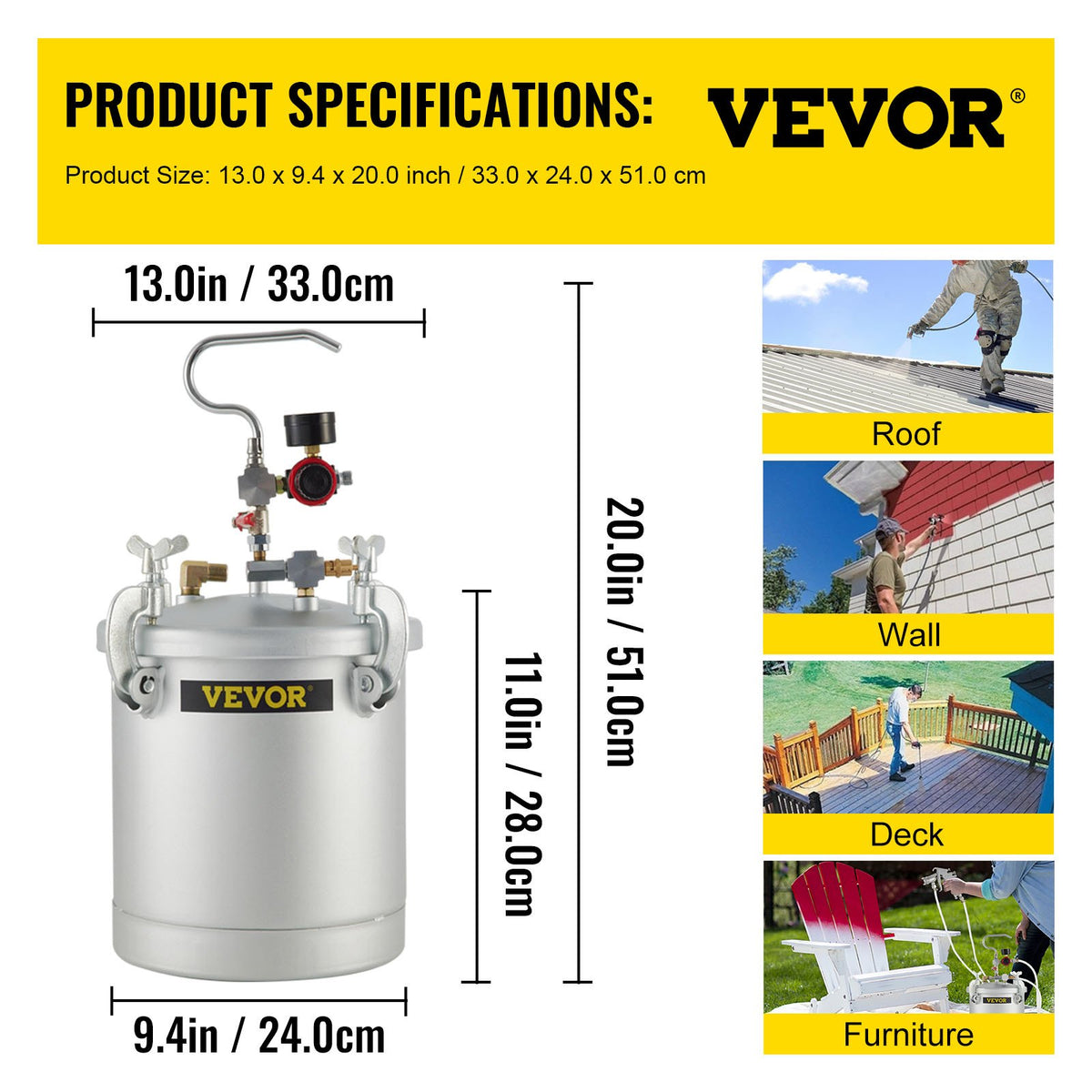 Commercial Paint Pressure Tank 2.5 Gallons Pressure Pot Tank 10L Pressure Paint Pot Feed Spray Gun 1.5mm Nozzle Paint Sprayer for 10L Capacity Painting