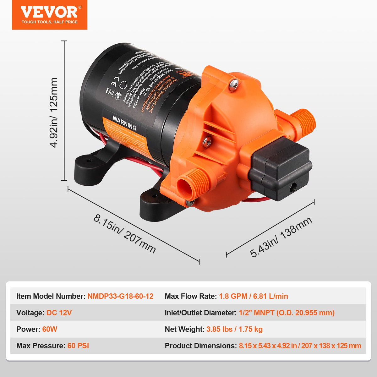 12V membranpump, 1,8 GPM (6,81 L/min), 3-kammars 12-volts DC-vattenpump med automatisk tryckbrytare 2,7–6,9 bar (40–100 PSI) justerbar, 4 bar (60 PSI), 12,7 mm (1/2 tum) MNPT-port, för husbil, yacht, food truck, husbil, marin