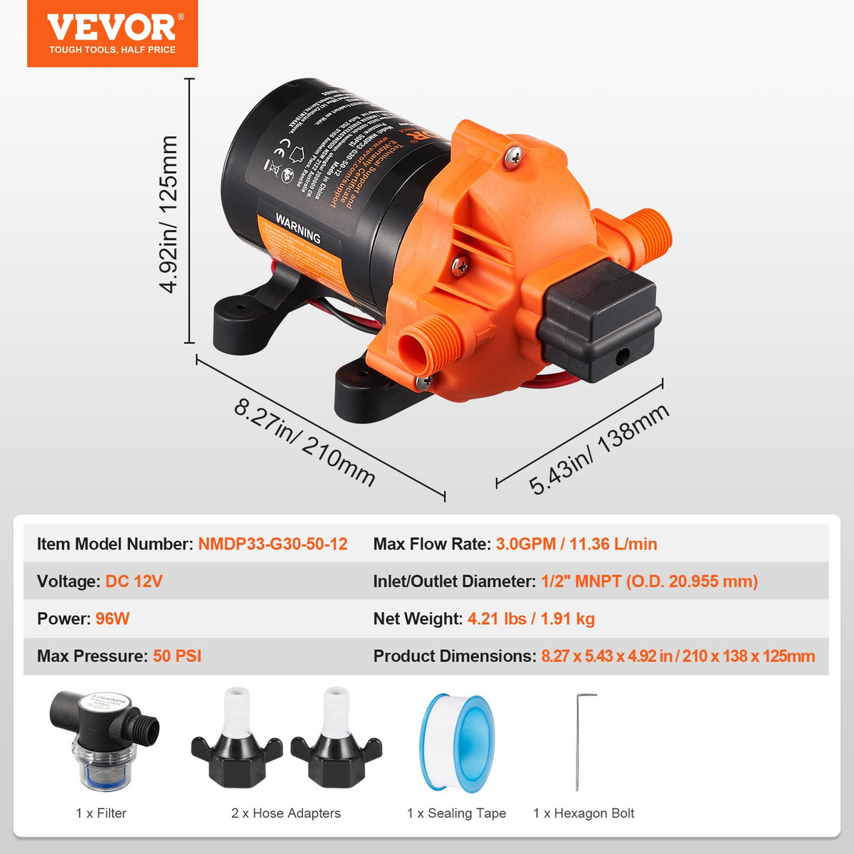 12V membranpump, 3 GPM (11,36 L/min), 3-kammars 12-volts DC-vattenpump med automatisk tryckbrytare 2,7–6,9 bar (40–100 PSI) justerbar, 3,4 bar (50 PSI), 12,7 mm (1/2 tum) MNPT-port, för husbil, yacht, food truck, husbil, marin