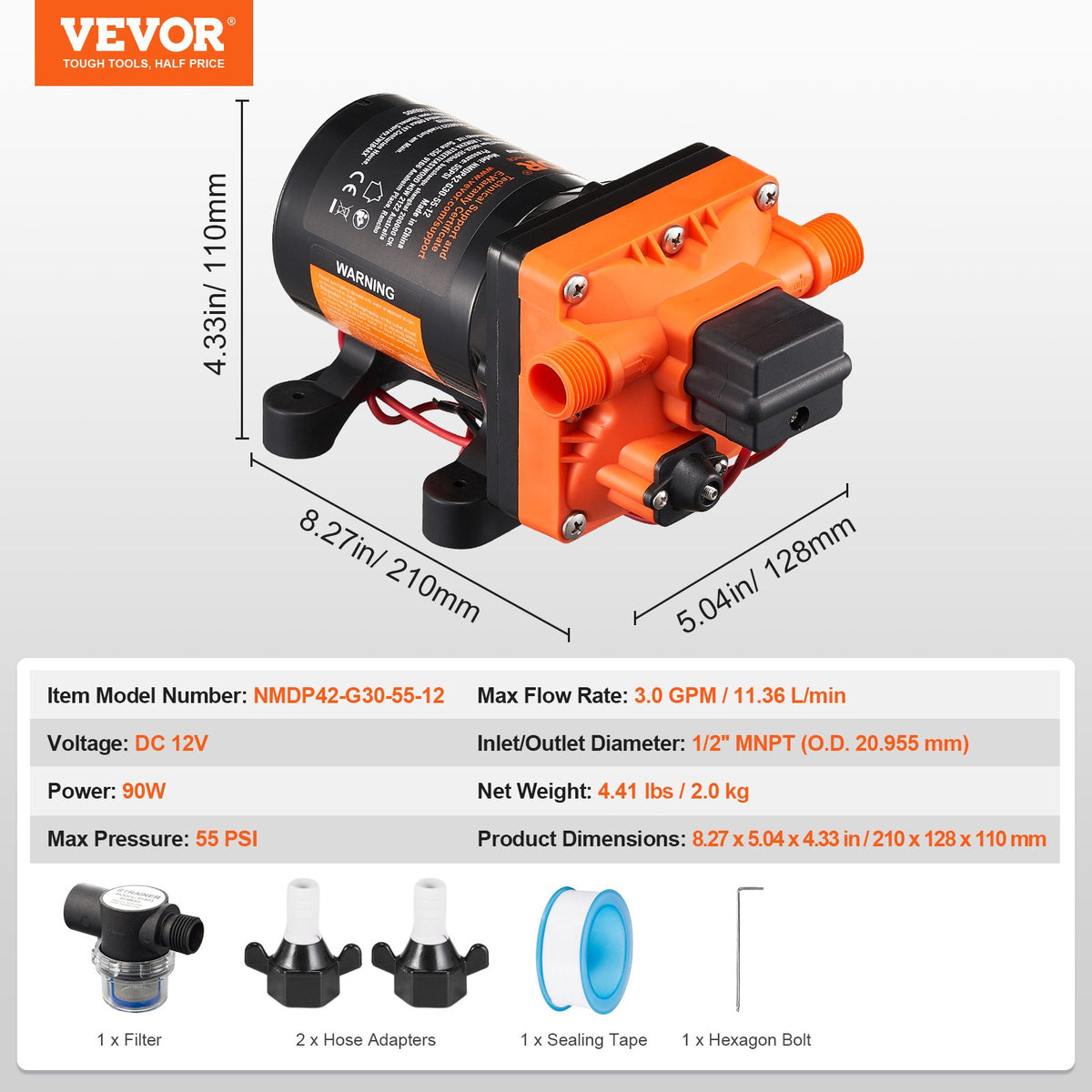 12V membranpump, 3 GPM (11,36 L/min), 4-kammars 12-volts DC-vattenpump med automatisk tryckbrytare 2,7–6,9 bar (40–100 PSI) justerbar, 3,8 bar (55 PSI), 12,7 mm (1/2 tum) MNPT-port, för husbil, yacht, food truck, husbil, marin