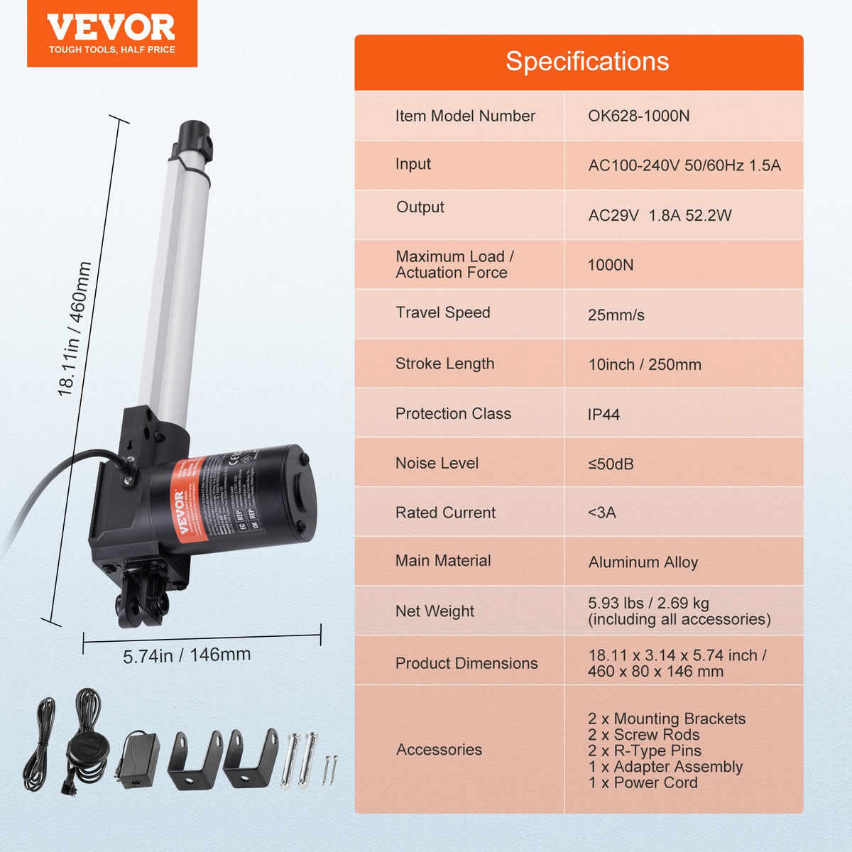 24V linjärt ställdonskit 25,4 cm 2,5 cm/s 99,8 kg/1000N med IP44-skydd