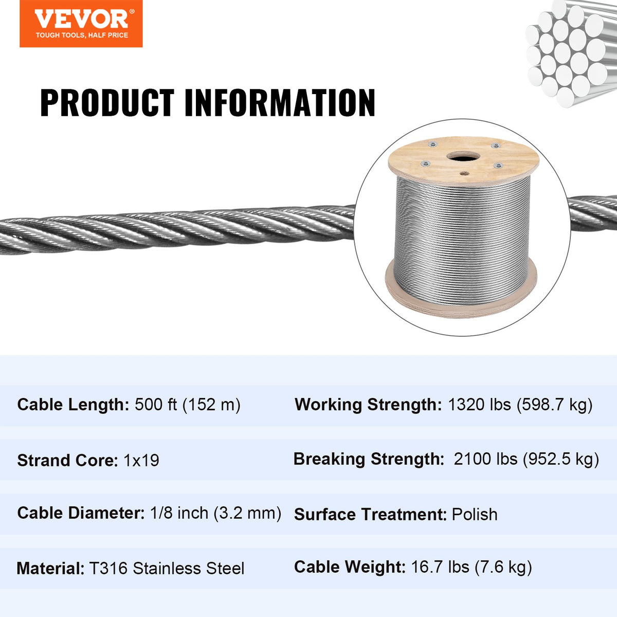 316 rostfritt stålvajer 1/8" 1x19 stålvajer 150M/500FT vajerräcke transportvajer vajer för räcke altan DIY balustrad (150M)