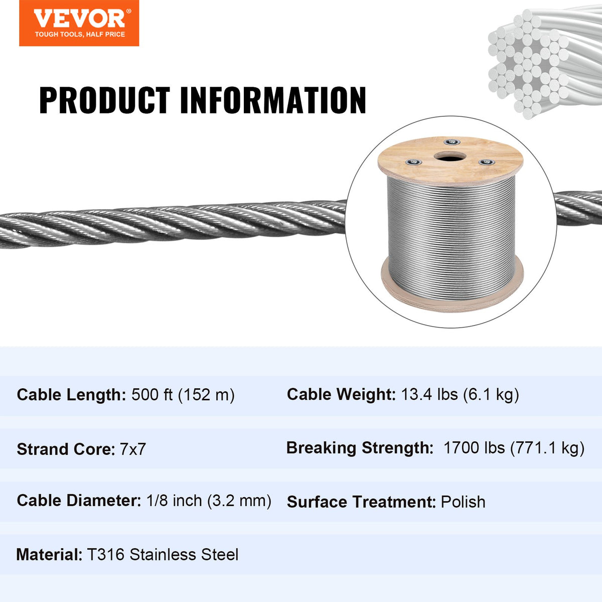 T316 Stainless Steel Cable 3.2 mm 7x7 Steel Wire Rope Cable 15240 cm Cable Railing Transport Wire Rope Cable for Railing Decking DIY Balustrade