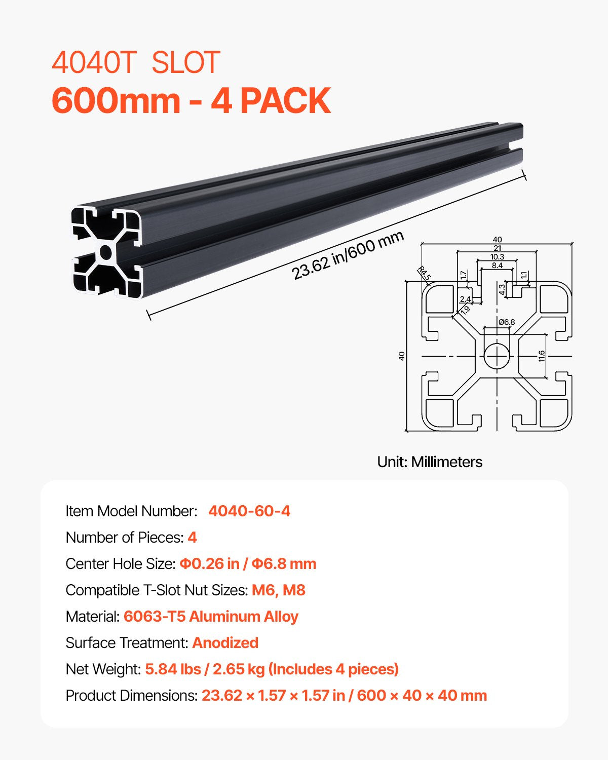 4 st. 23,6 tum (600 mm) T-spår 4040 aluminiumprofil, anodiserad linjär skena enligt europeisk standard, höghållfast extruderad aluminiumskena för 3D-skrivare, CNC-maskin DIY, lasergravering, svart