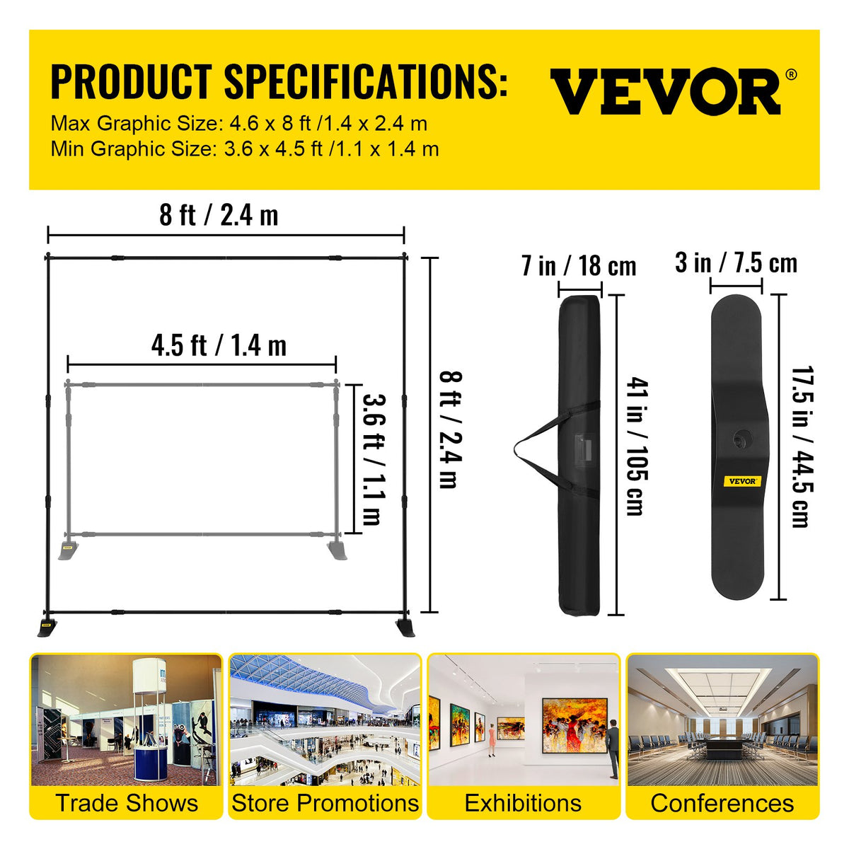 2.44m Display Backdrop Banner Stand Adjustable Telescopic Lightweight Trade Show Wall Exhibitor x 4 PACK