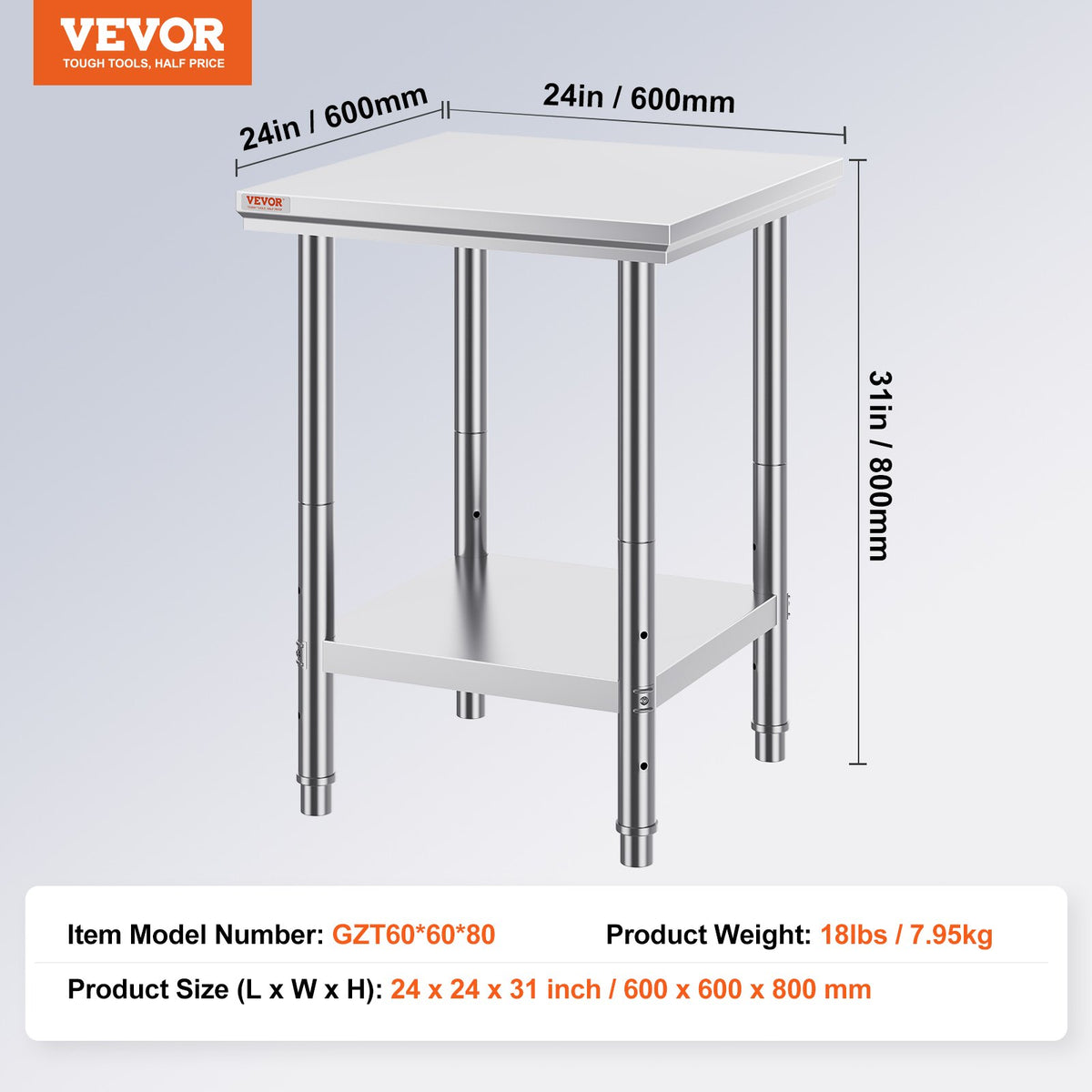 Arbetsbord 24 x 24 x 32 tum NSF arbetsbord i rostfritt stål för kommersiellt kök, förberedelsebänk 60 x 60 x 80 cm med nedre hyllplan, arbetsbord silverfärgat för kommersiellt kök, restaurang