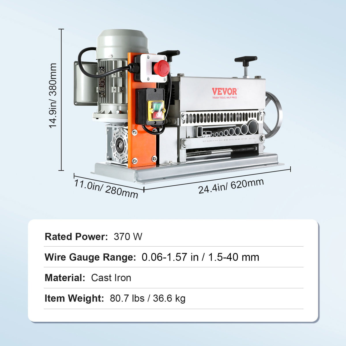 Automatic Wire Stripping Machine, 1.5 mm-40 mm Electric Motorized Cable Stripper, 370W, 26.8 m/min Wire Peeler with An Extra Manual Crank, 11 Channels for Scrap Copper Recycling