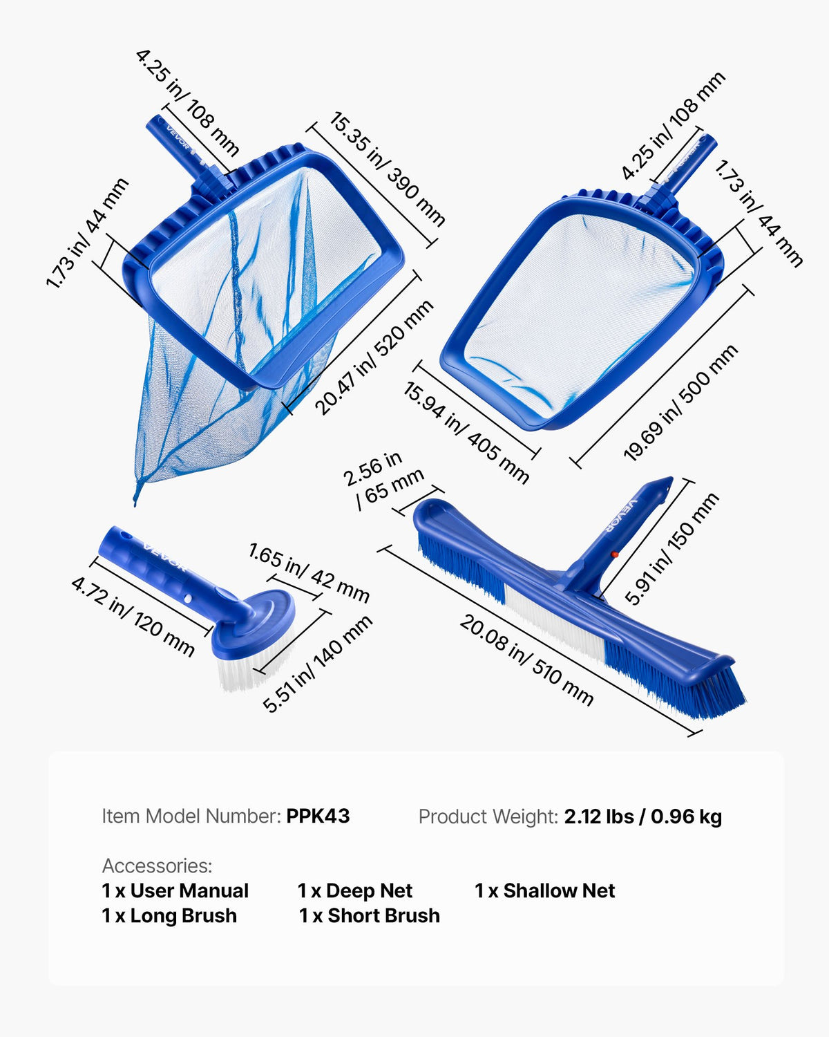 Swimming Pool Cleaning Kit, Includes 2 Detachable Brush Heads (508 mm / 139.7 mm) and 2 Pool Skimmer Nets, 4-in-1 Inground/Above Ground Pools Cleaning Tools Set for Leaf, Fine Mesh, No Poles