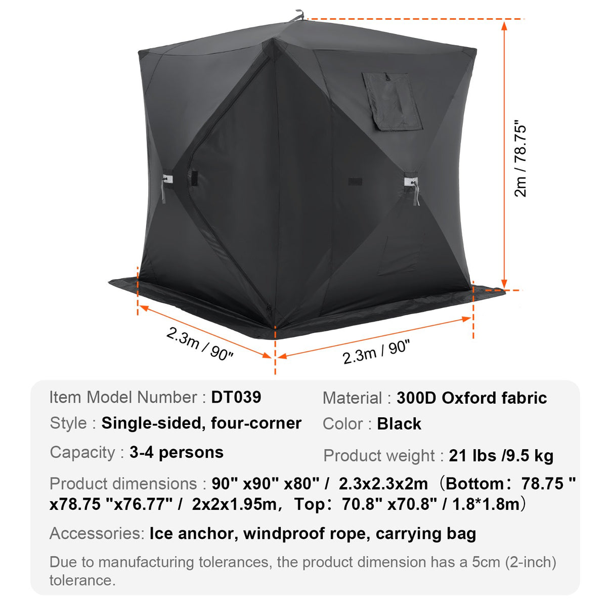 Bärbart isskydd, 3-4 personers popup-isfisketält, 43 kvadratfot fiskyta, isskydd för vinterfiske, vattentät Oxford-isbit med ankare/rep/bärväska, 90"x90", svart
