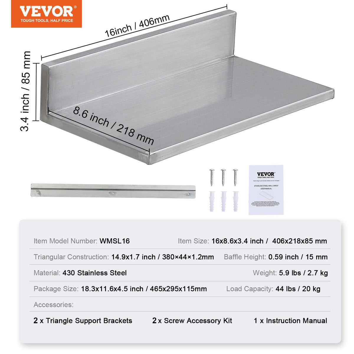 21.8 x 40.6 cm Stainless Steel Shelf, Wall Mounted Floating Shelving with Backsplash, 20 kg Load Capacity Commercial Shelves, Heavy Duty Storage Rack for Restaurant, Kitchen, Bar, Home, and Hotel