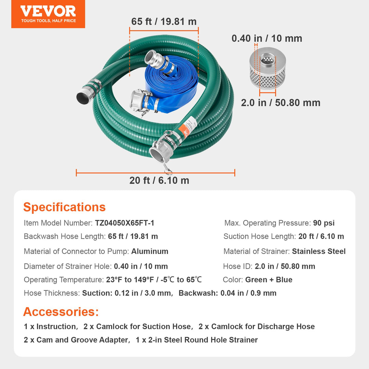 Suction Hose Kit for Water Pump, with 51 mm(2 in) x 19.8 m(65 ft) Blue Backwash Hose, 6.1 m(20 ft) Green Suction Hose, and Steel Round Hole Strainer, Camlocks, Clamps, Cam & Groove Adapter, for Multiple Purposes