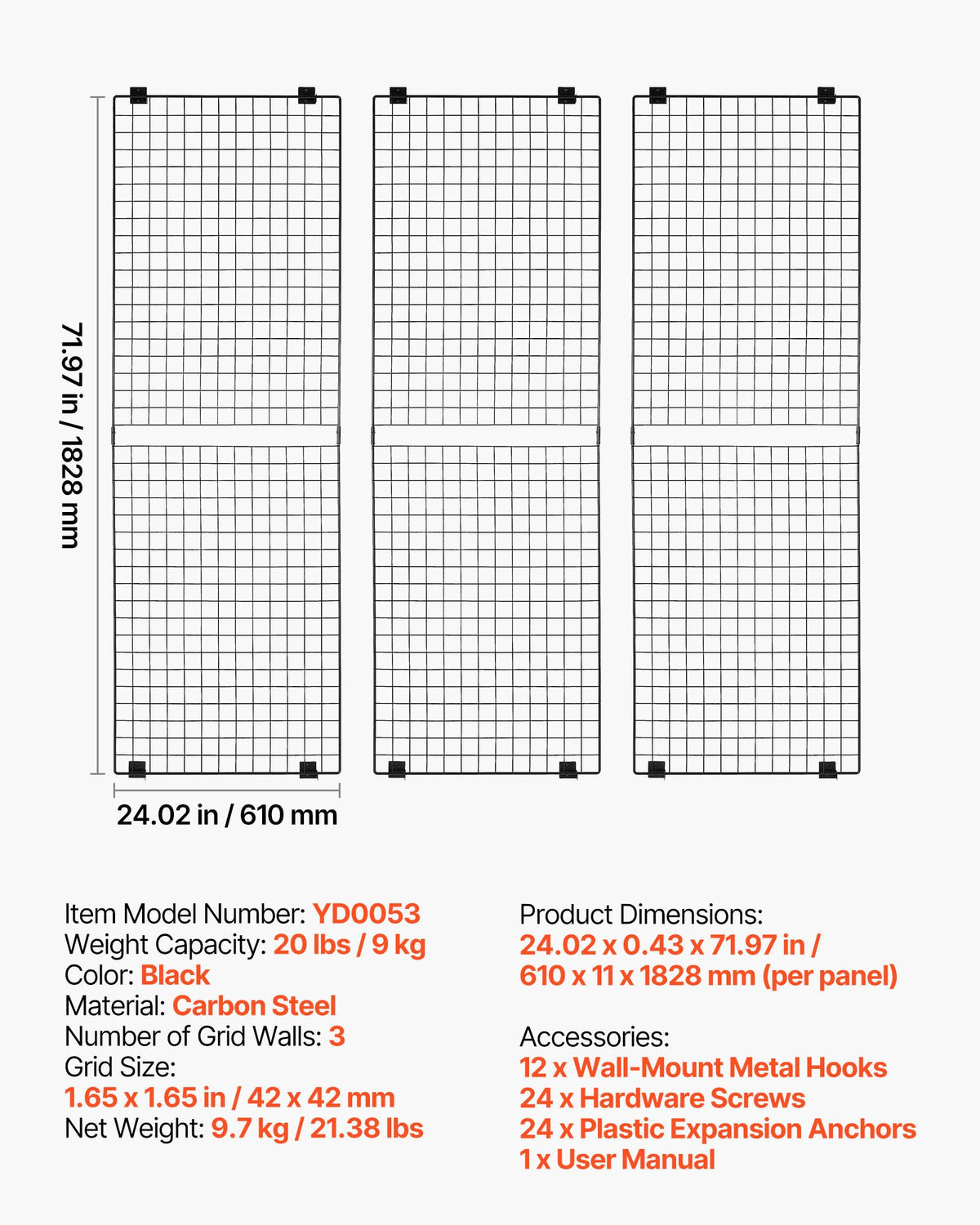 3-pack väggpaneler med rutnät, 610 x 1828 mm trådpaneler, väggmonterad konsthylla, vägghängande rutnät i svart kolstål för hantverksutställning, dekoration, förvaring, anslagstavla