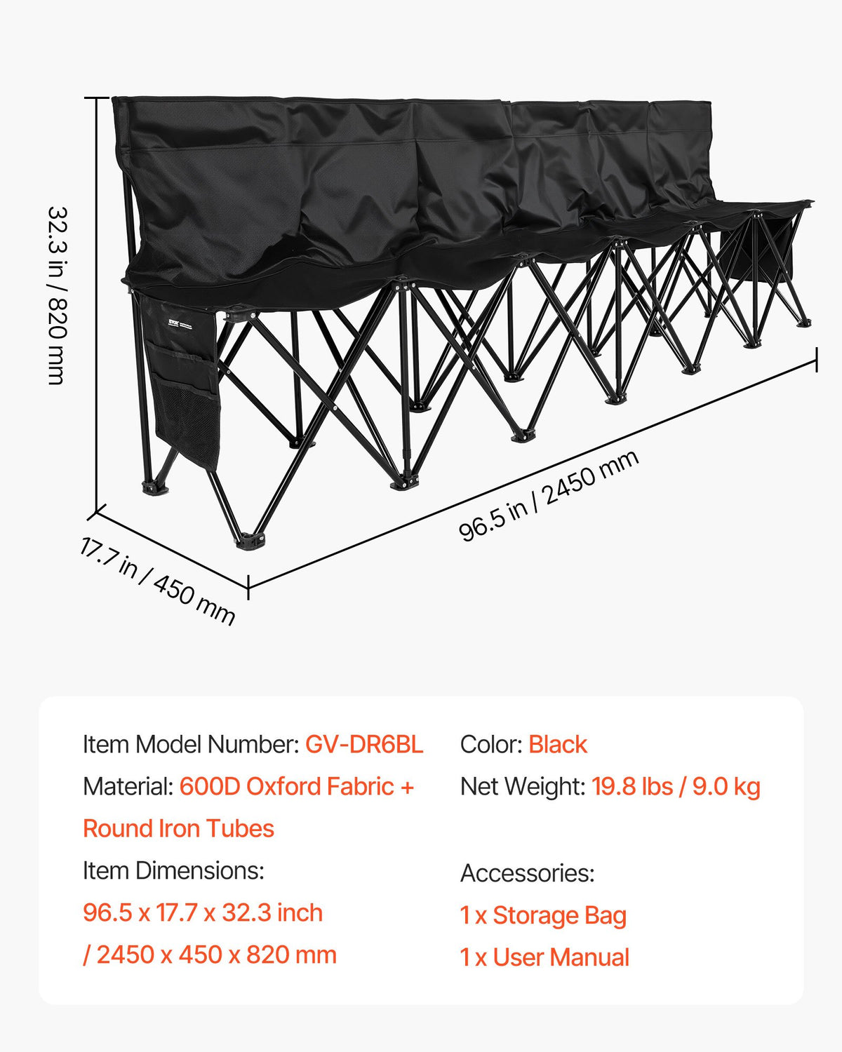 Portable Folding Bench, 6 Seat Soccer Bench with Multiple Storage Pockets & Carrying Bag, Lightweight Sideline Seating with Back Rest for Football, Baseball, Camping, Outdoor Events, Black