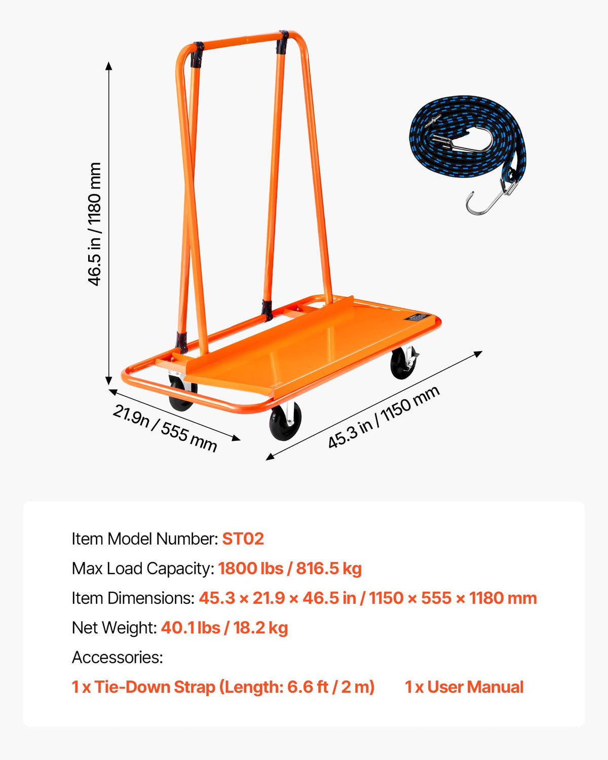 Drywall Cart Dolly, 816 kg Load Capacity, Steel Panel Dolly with 4 Swivel Casters, Durable & Long-lasting, Panel Truck Cart with Tie-Down Strap for Plywood, Plasterboard, Glass, Orange