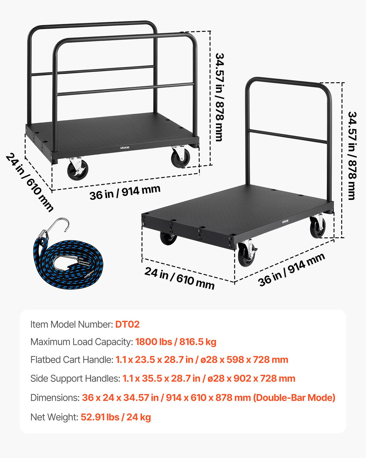 Gipsvagn, 816 kg lastkapacitet, 2-i-1 stålpanelvagn med 12,5 mm svänghjul, 91,4 x 61 cm plattformsvagn med 3 sidoräcken för fabrik, lager, garage, svart