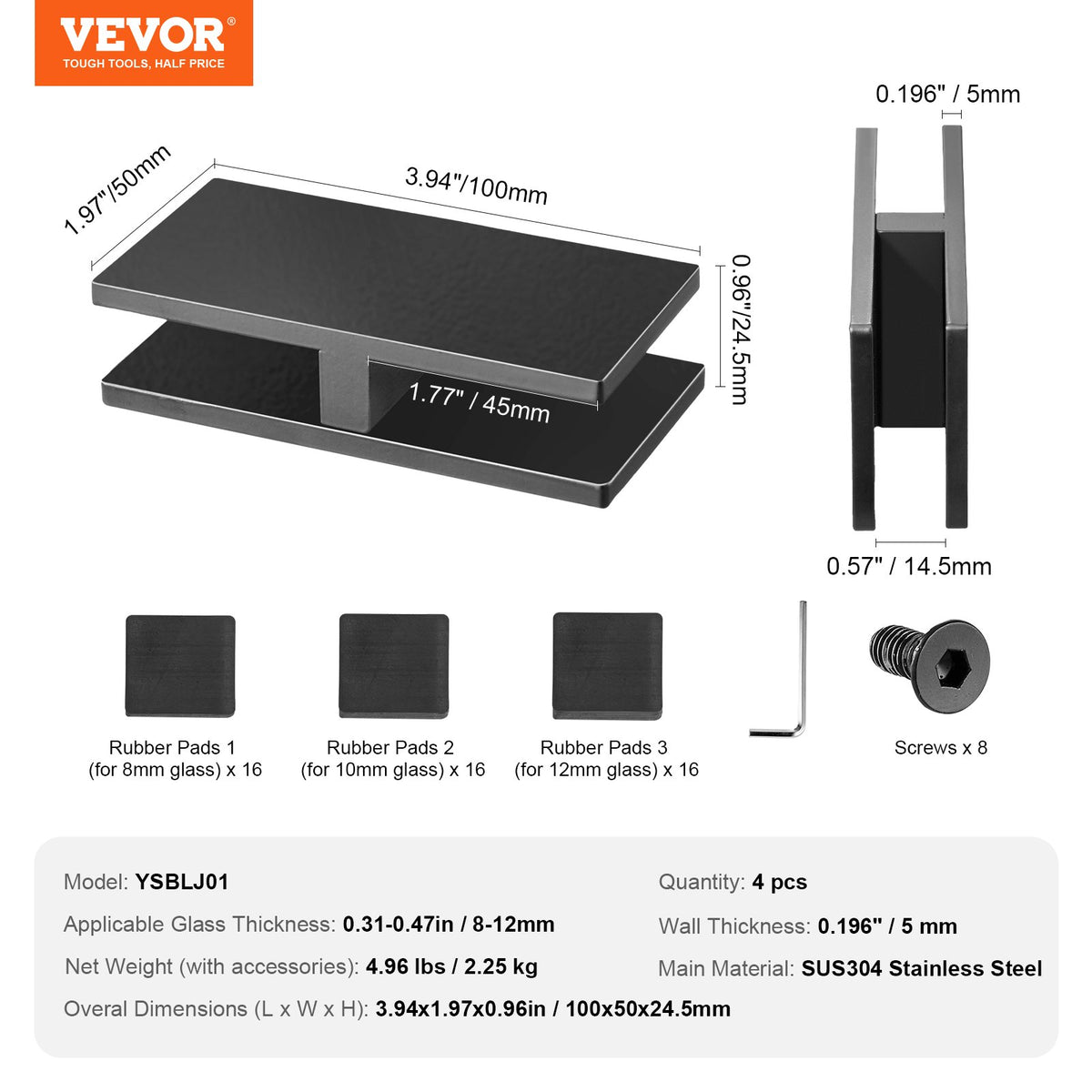Glass Clamp, 4 PCS Rectangle Glass Railing Bracket for 0.31 "-0.47 " Tempered Glass, 304 Stainless Steel Glass Mounting Clamp, 0.2” Thick Glass Shelf Bracket for Balcony, Garden, Pool, Stair