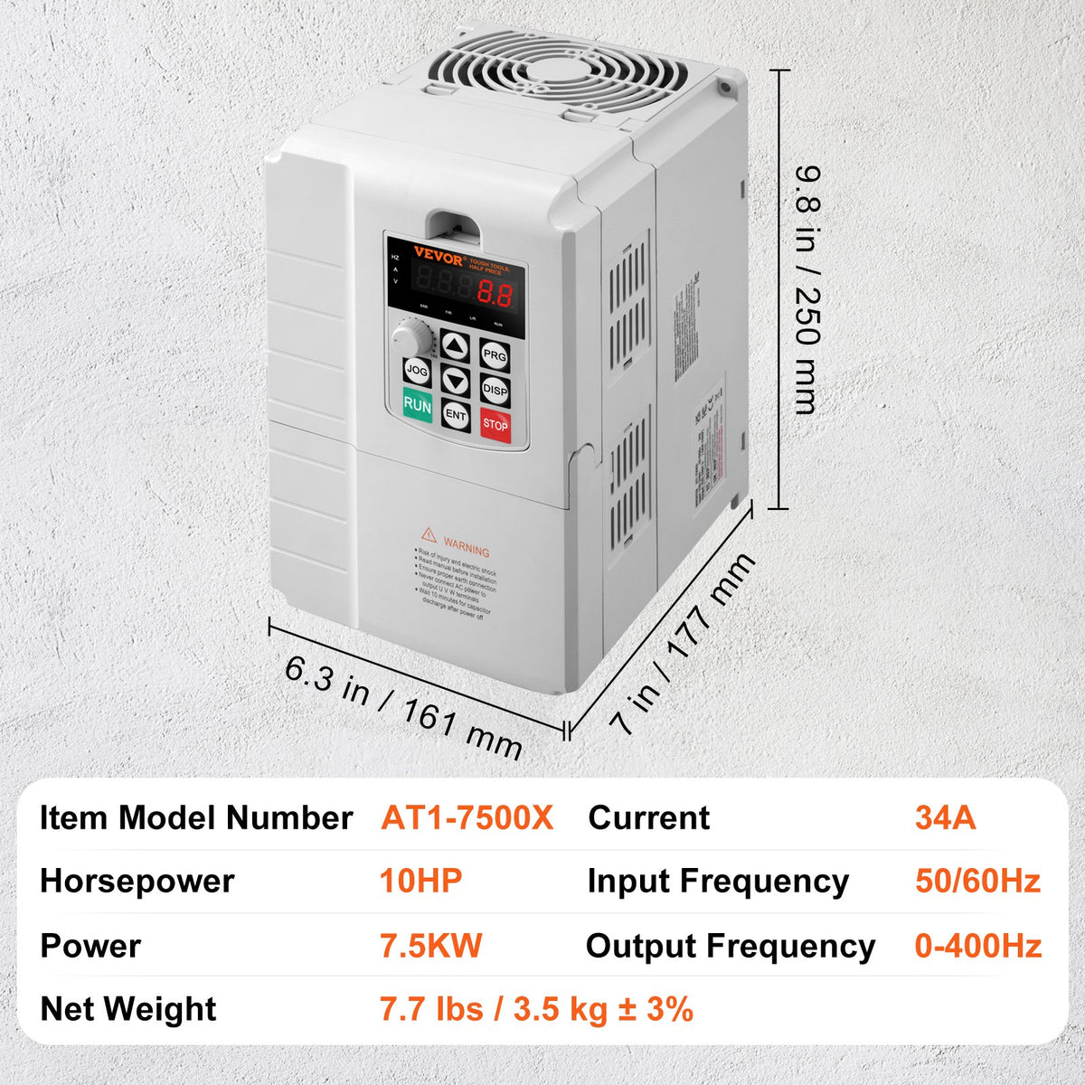 VFD 7,5 kW, 34 A, 10 hk variabel frekvensomriktare för 3-fas motorvarvtalsreglering