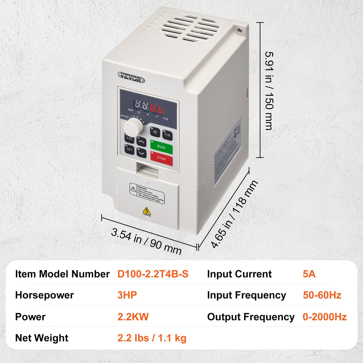 VFD 3HP, 2,2 kW, 5 A, 3-fas AC 380 V ingång till 3-fas AC 0 - 380 V utgång Variabel frekvensomriktare, 50/60 Hz ingång, 0-2000 Hz utgång VFD för spindelmotorns varvtalsreglering