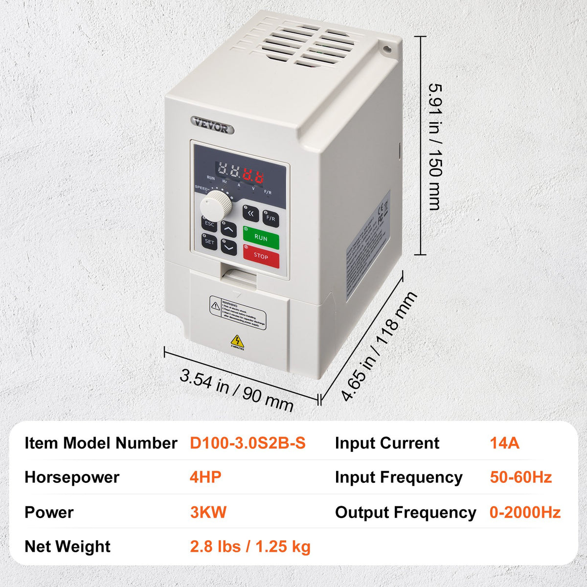 VFD 4HP, 3KW, 14A, 1- eller 3-fas AC 220V ingång till 3-fas AC 0~220V utgång Variabel frekvensomriktare, 50/60Hz ingång, 0-2000Hz utgång VFD för spindelmotorns varvtalsreglering