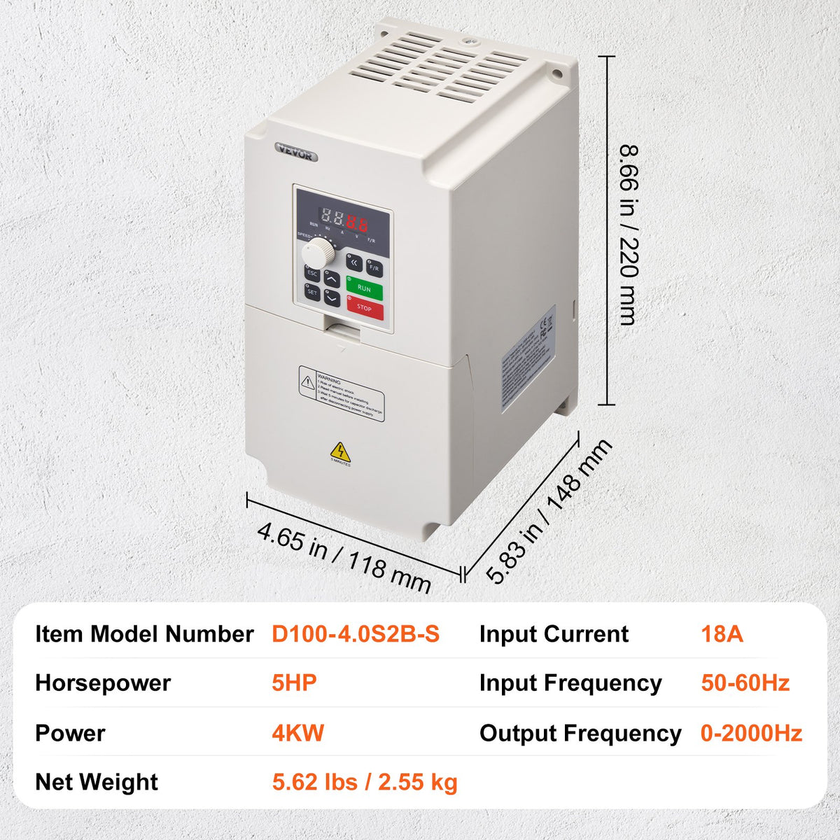 VFD 5 hk, 4 kW, 18 A, 1- eller 3-fas AC 220 V ingång till 3-fas AC 0~220 V utgång Variabel frekvensomriktare, 50/60 Hz ingång, 0-2000 Hz utgång VFD för spindelmotorns varvtalsreglering