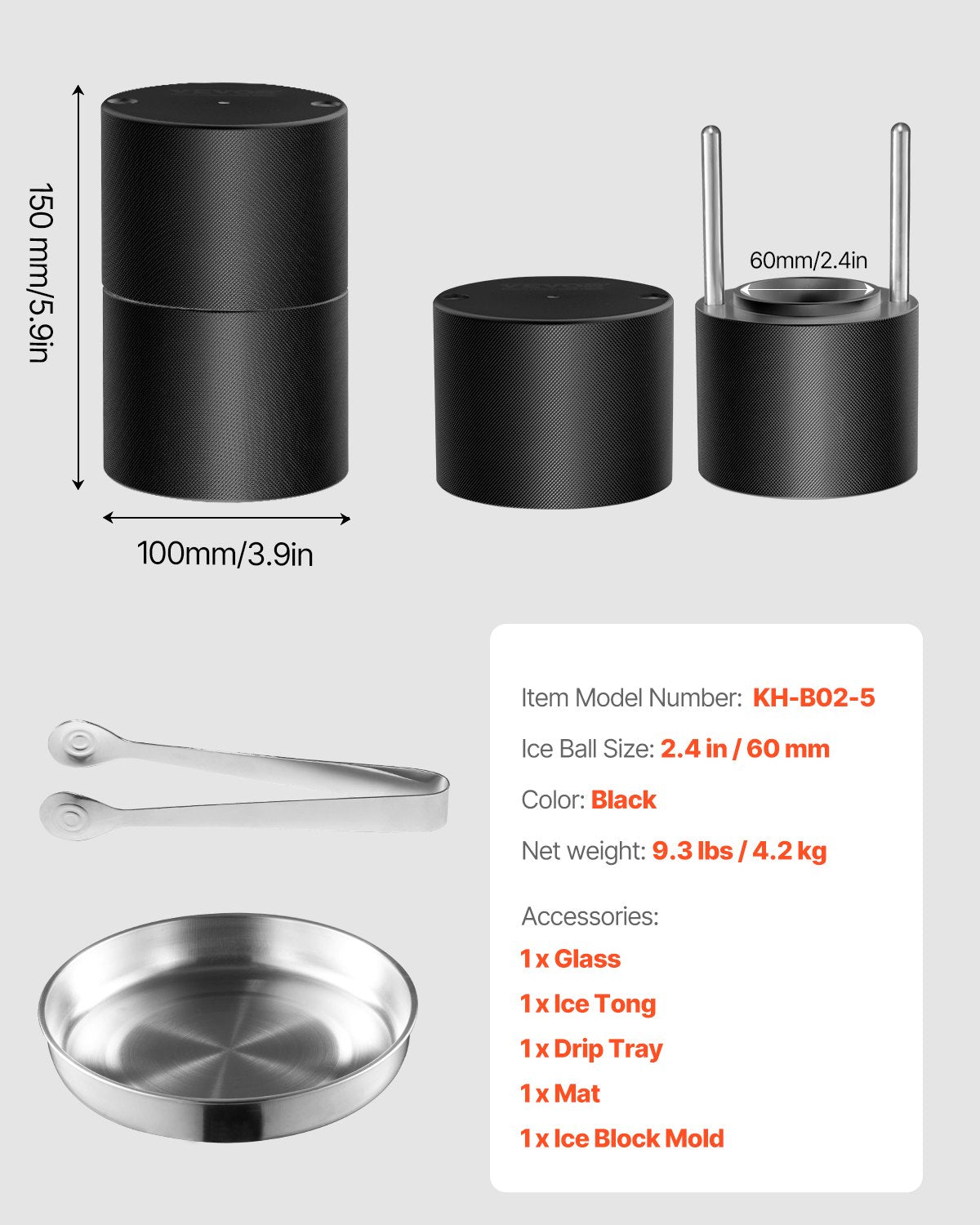 Isbollspress-kit, ispress i aluminium för flygbruk med isblockform, stor matta, tång, droppbricka, ett glas, rund isbollsmaskin 2,4"/60 mm iskula, för whisky, cocktail på fest och högtider