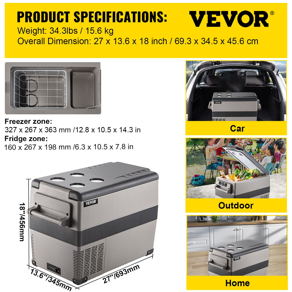 Bärbar liten bilfrys 45L mini-bilfrys kylskåp 45W bilkyl kylare 12V kyl-frys AC/DC bärbar frys bärbar bilkyl för hemma- och utomhusbruk