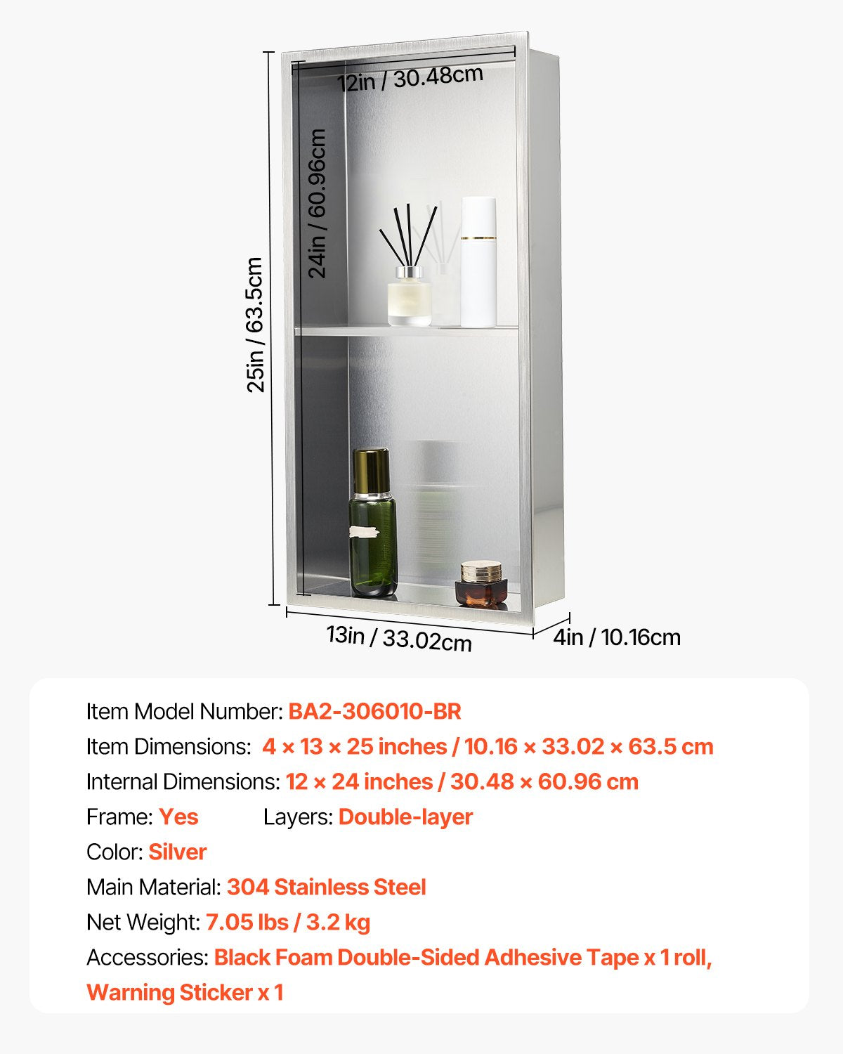 Duschnisch, 33,0 x 63,5 x 10,2 cm Infälld väggnisch Dubbelskiktad, med urholkad avdelare, Robust modern schampoförvaring i rostfritt stål, Vattentät, Silver för badrum