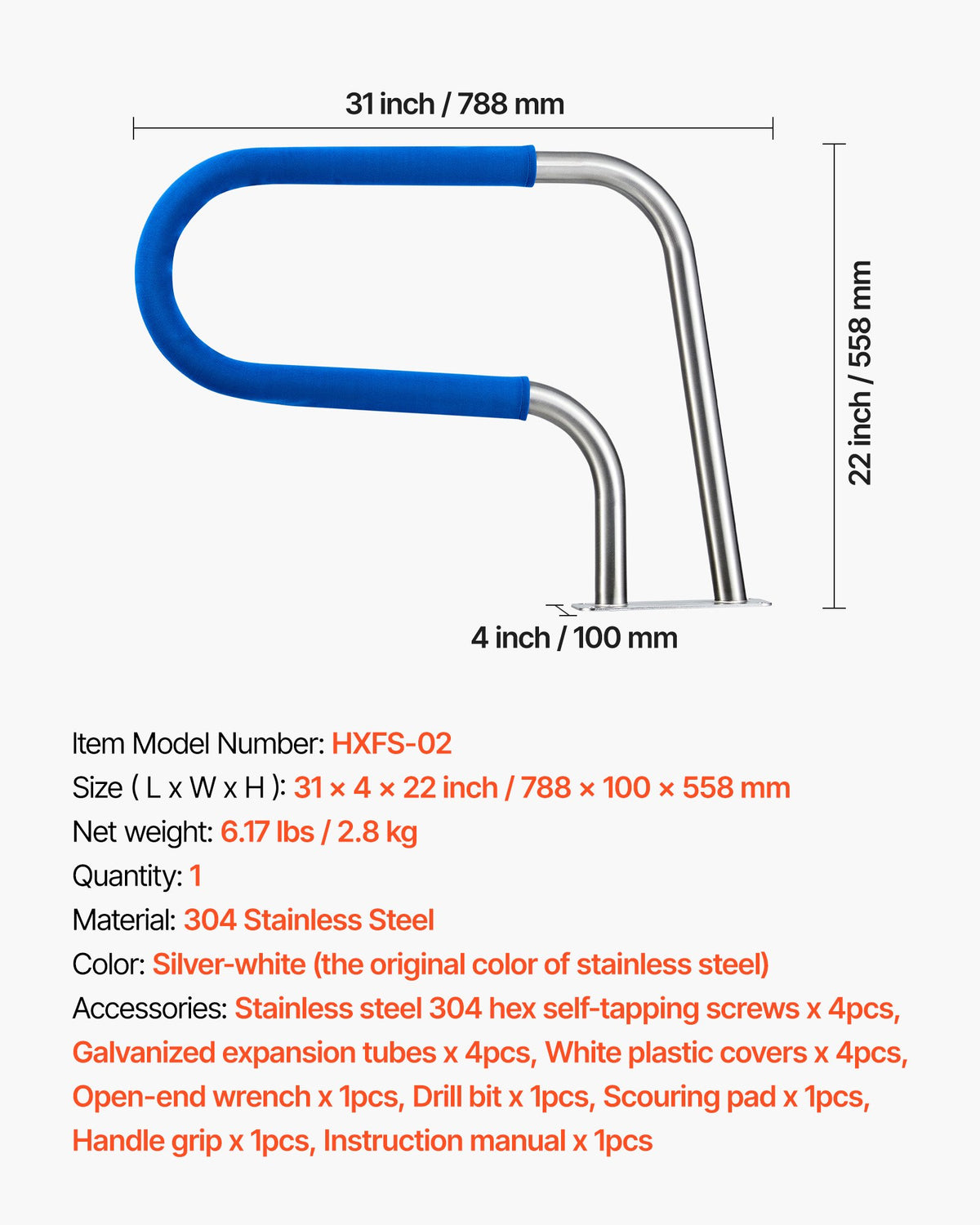 Pool Rail, 78.8 x 55.8 cm Pool Handrail, 100kg Load Capacity Heavy Duty 304 Stainless Steel Swimming Handrail, Detachable Nonslip Sleeve, Rich Accessories, for Poolside, Water Parks, Spa Centers