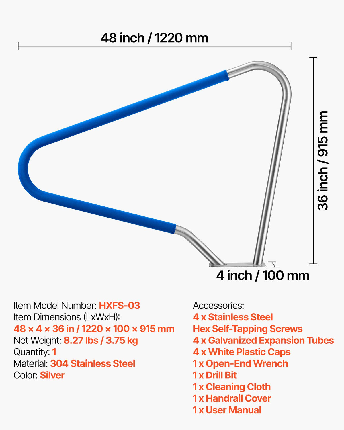 Pool Rail, 122 x 91.5 cm Pool Handrail, 100kg Load Capacity Heavy Duty 304 Stainless Steel Swimming Handrail, Detachable Nonslip Sleeve, Rich Accessories, for Poolside, Water Parks, Spa Centers