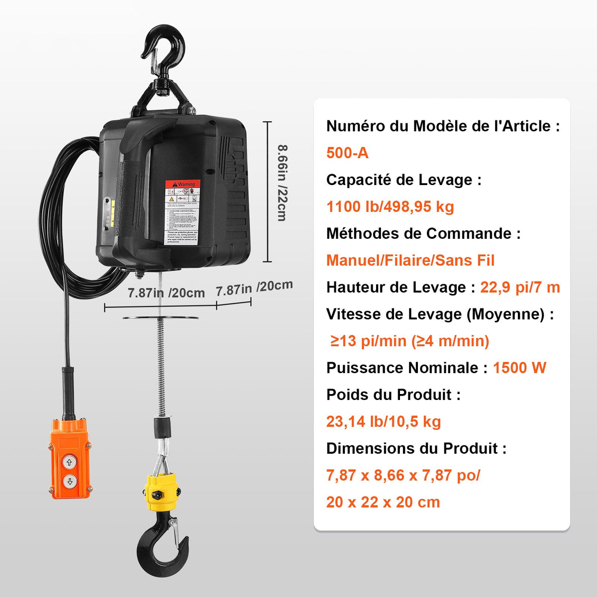3-i-1 bärbar elektrisk vinsch med kabel/trådlös fjärrkontroll, 499 kg