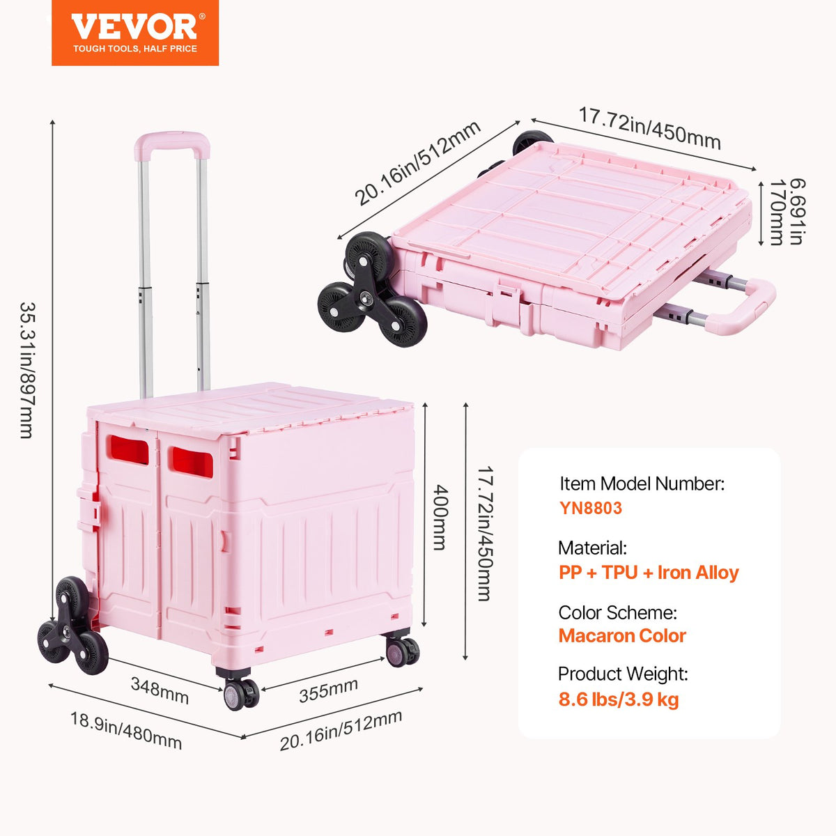 Hopfällbar verktygsvagn, 65L hopfällbar bärbar rullvagn med trapphjul och 360° svängbara hjul, handvagn med teleskophandtag för shopping, kontor, flyttlärare, rosa