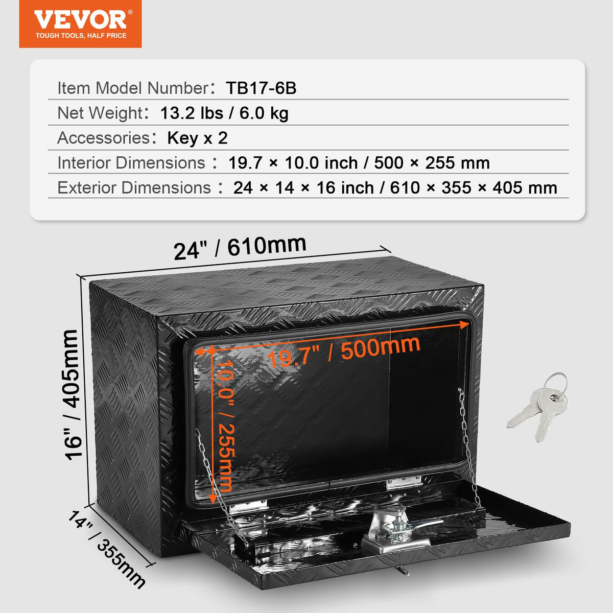 Underrede för lastbil, förvaringslåda för pickuper 61 x 38 x 40 cm, verktygslåda i kraftig aluminium med diamantplåt, lås och nycklar, vattentät förvaringslåda för släpvagnar med T-handtag för lastbil, skåpbil, släpvagn
