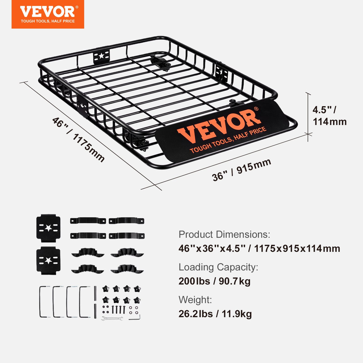 Takräckekorg, 117,5 x 91,5 x 11,4 cm taklasthållare, kraftig universal takräckekorg med kapacitet på 90,7 kg, bagagehållare för SUV, lastbil, fordon