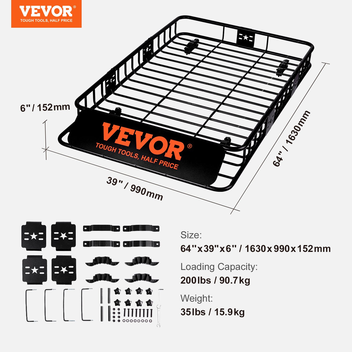 Roof Rack Cargo Basket, 162.6 cm x 99.1 cm x 15.2 cm Rooftop Cargo Carrier with Extension, Heavy-duty Steel 90.7 kg Capacity Universal Roof Rack Basket, Luggage Holder for SUV, Truck