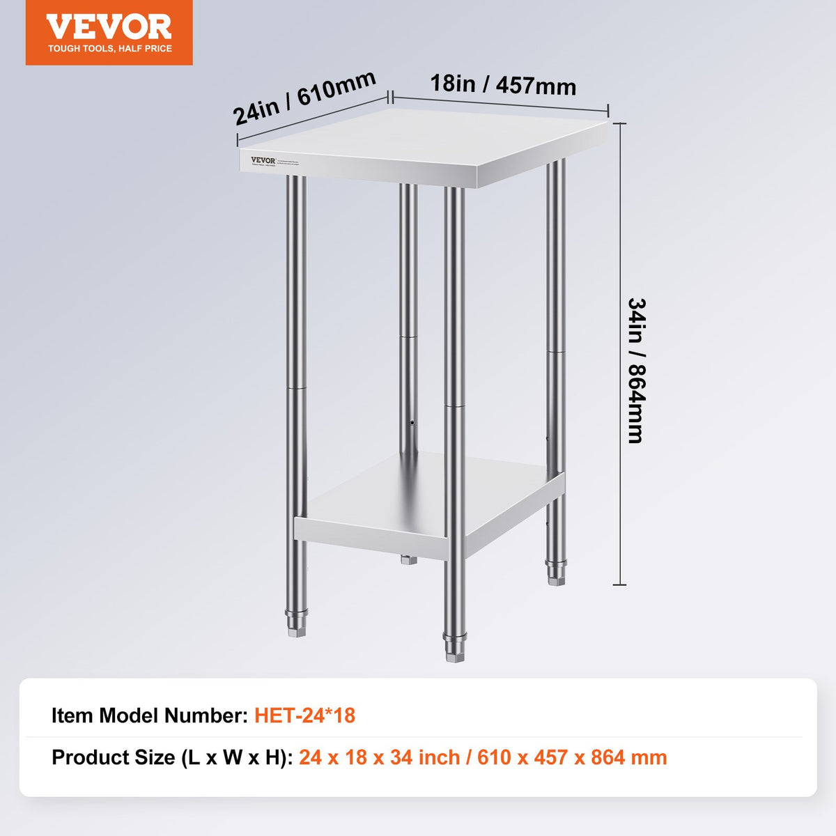Stainless Steel Prep Table, 24 x 18 x 34 Inch, Heavy Duty Metal Worktable with 3 Adjustable Height Levels, Commercial Workstation for Kitchen Garage Restaurant Backyard
