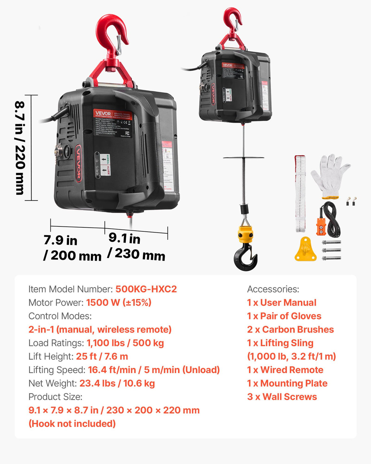 2-in-1 Electric Hoist Winch, 500 kg Capacity, 1500W Portable Power Winch Crane, 7.6 m Lifting Height, 5 m/min with Manual and Wired Remote Control for Factory, Warehouss, Garage