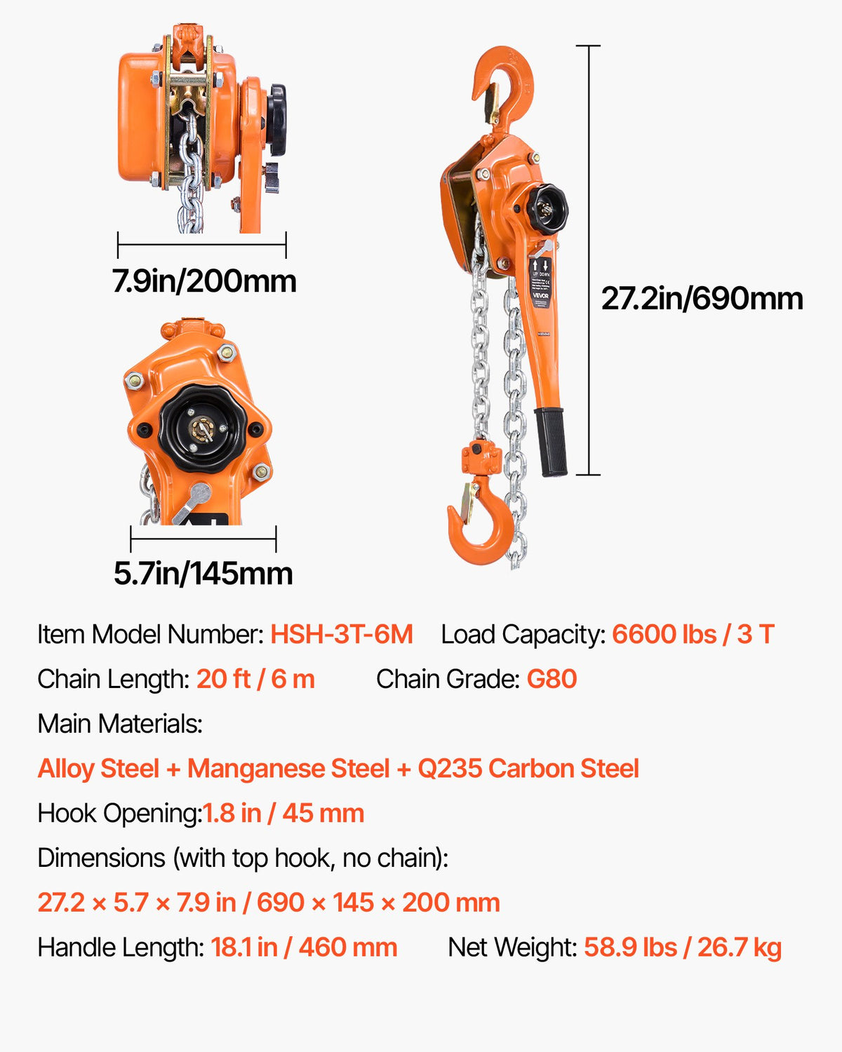 Manual Lever Chain Hoist, 3T 3000KG Capacity Heavy Duty Come Along, 6M Lift G80 Alloy Steel Chain With Dual Pawl Mechanical Brake, 360° Rotating Hooks, for Warehouse Construction Garage