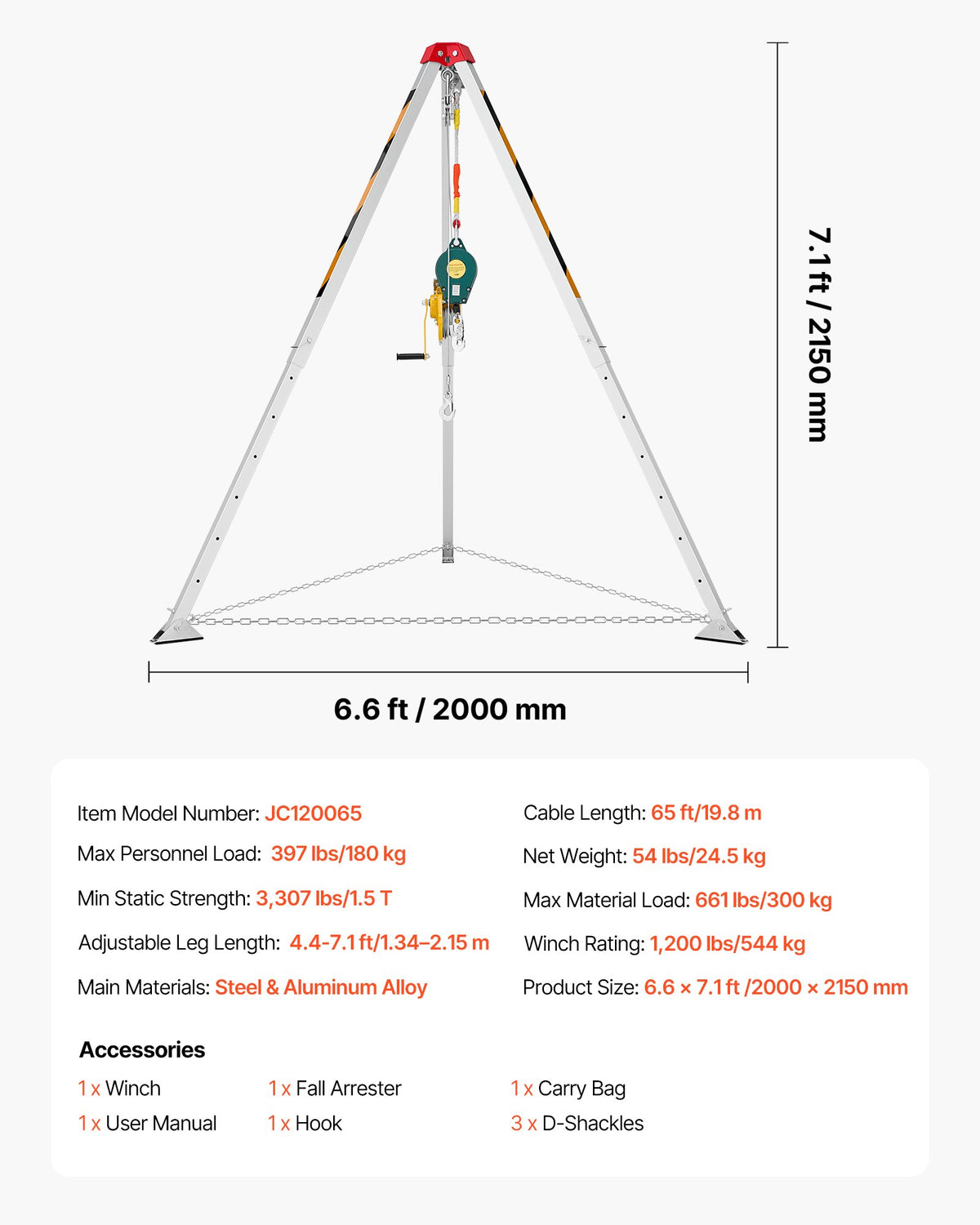 Confined Space Tripod Kit, Heavy Duty Rescue Tripod Lifting Hoist 544 kg Winch, 1.25 m Adjustable Legs, 19.8 m Cable Portable Kit, 10 m Fall Protection, 1.34-2.15 m Working Height