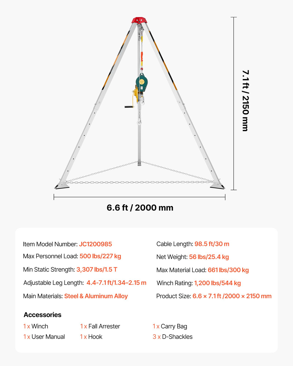 Confined Space Tripod Kit, Heavy Duty Rescue Tripod Lifting Hoist 544 kg Winch, 1.25 m Adjustable Legs, 30 m Cable Portable Kit, 10 m Fall Protection, 1.34-2.15 m Working Height