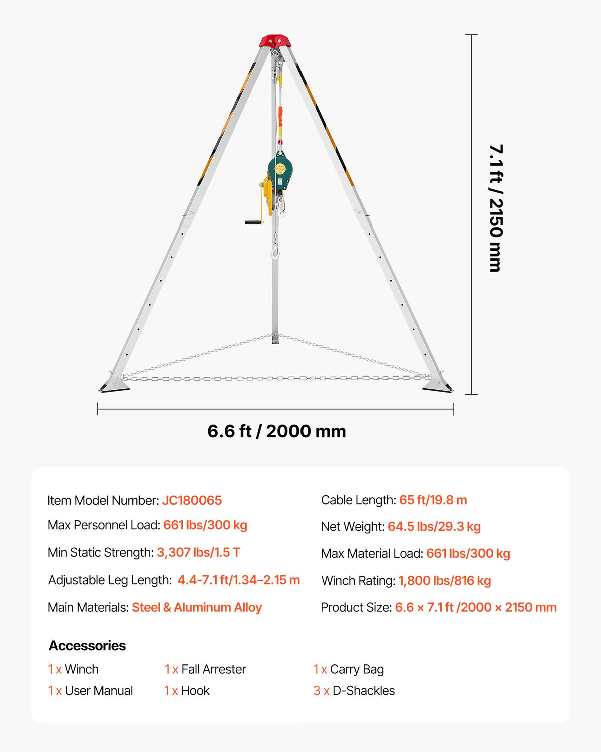 Confined Space Tripod Kit, Heavy Duty Rescue Tripod Lifting Hoist 816 kg Winch, 1.25 m Adjustable Legs, 19.8 m Cable Portable Kit, 10 m Fall Protection, 1.34-2.15 m Working Height