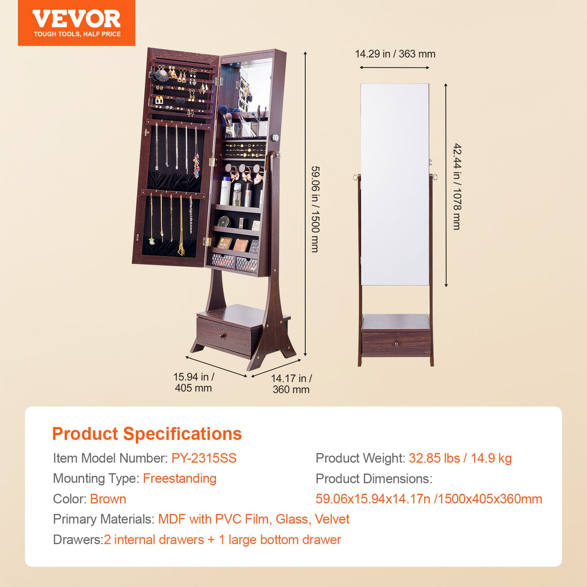 Mirror Jewelry Cabinet, Standing Mirror with Storage, Lockable Jewelry Mirror Organizer with Full Length Mirror, Velvet Lining, Interior LED Light, Drawer, Freestanding Jewelry Armoire, Brown