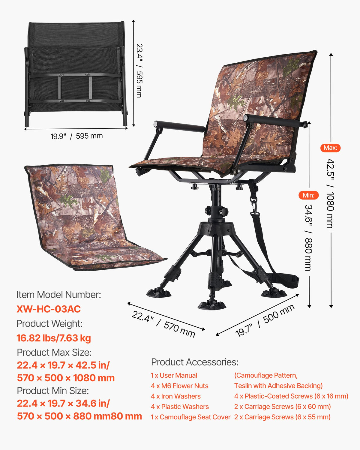 Hunting Chair, 360° Silent Swivel, Foldable Portable Blind Chair, Heavy-Duty Steel Frame Ground Stool Seat, with Armrests, Cover, Anti-Sink Feet, Height Adjustable, 158 Kg Capacity for Camping
