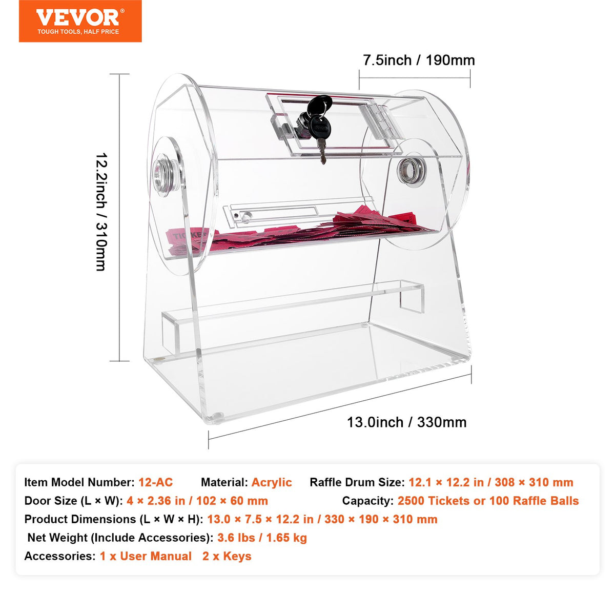 Acrylic Raffle Drum, Holds 2500 Tickets or 100 Raffle Balls, Professional Raffle Ticket Spinning Cage with 2 Keys, Transparent Lottery Spinning Drawing, Raffle Ticket Box for Lottery Games Bingo