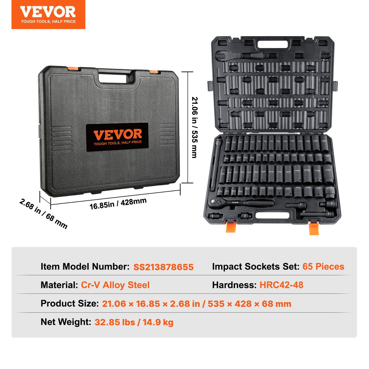 1/2" slaghylsnyckelsats, 65-delars hylsnyckelsats SAE 3/8" till 1-1/4" och metrisk 10-24 mm, 6-kants Cr-V-legerat stål för bilreparationer, robust konstruktion, lättlästa storleksmarkeringar, förvaringsväska