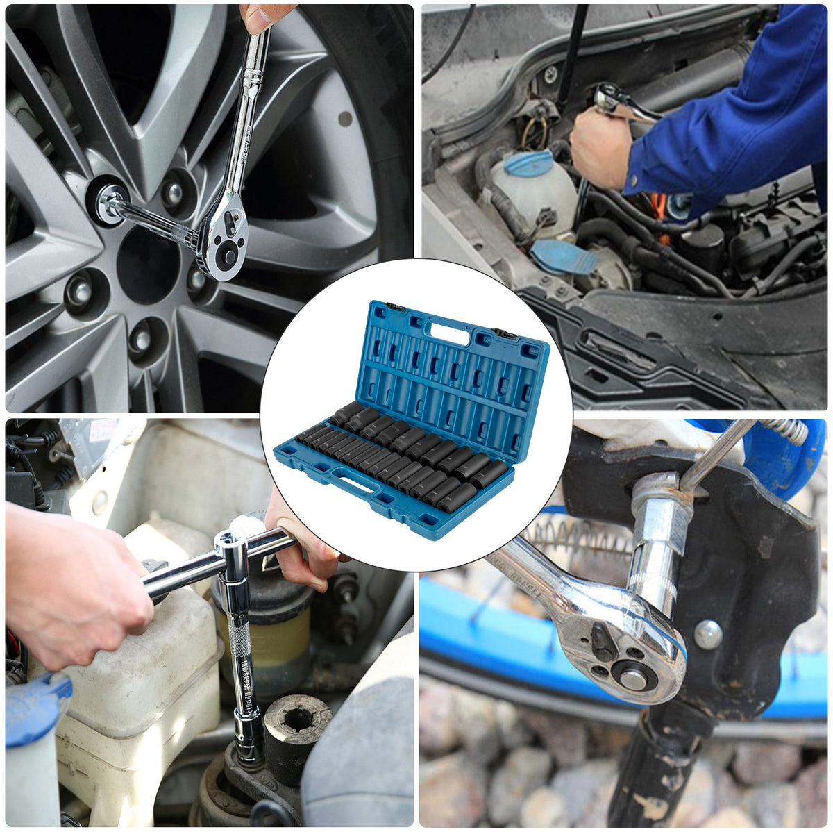 Krafthylsnyckelsats, 1/2" 26-delars krafthylsor, djup hylsa, 6-punktshylsor, 1/2-tums hylsnyckelsats, slagmetrisk 10 mm - 36 mm, robust Cr-V-konstruktion, med förvaringsbur
