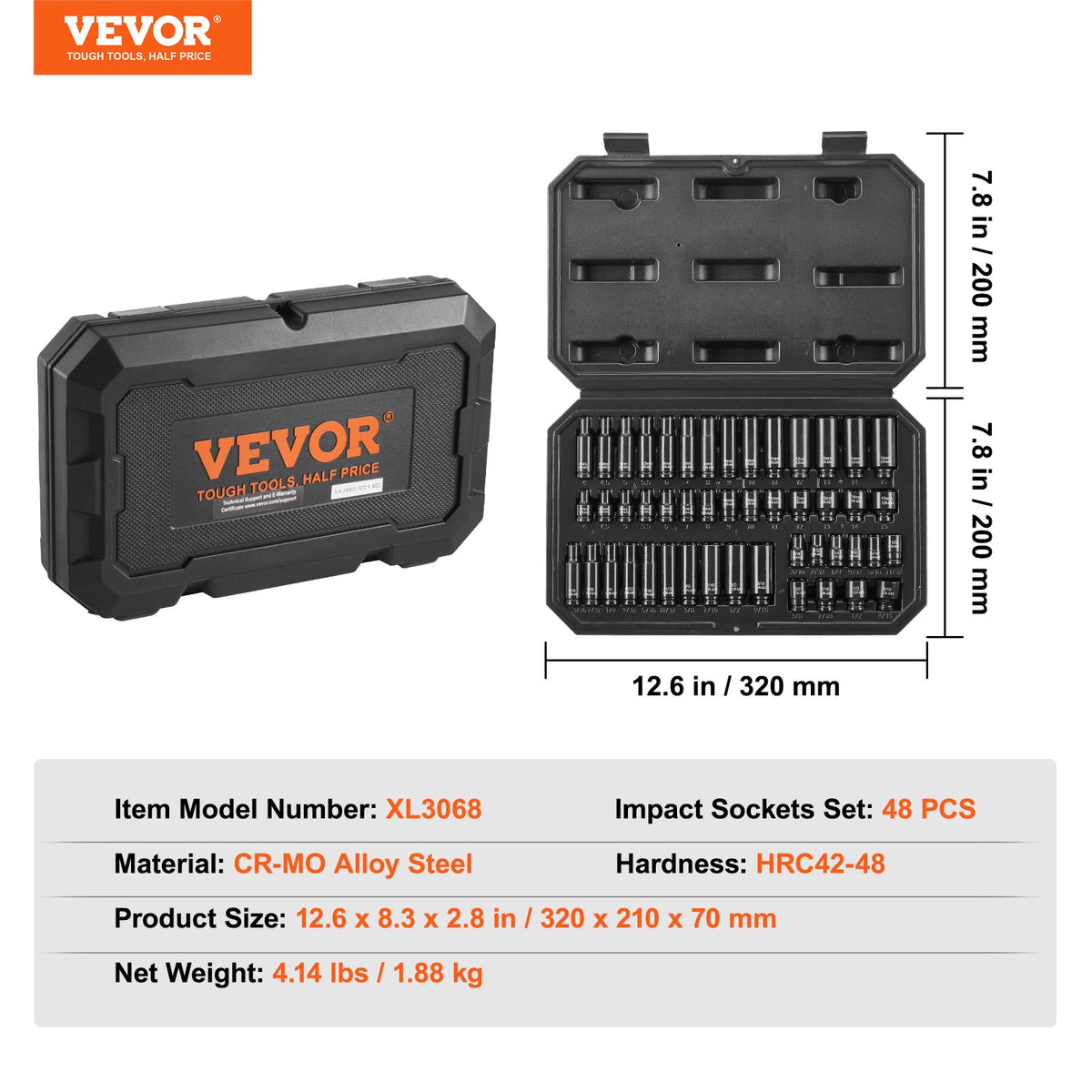 1/4" slaghylsnyckelsats, 48 delar djup och grund hylsnyckelsats SAE 3/16"-9/16" och metrisk 4-15 mm, 6-kantig Cr-Mo-legerat stål för bilreparationer, lättlästa storleksmarkeringar, förvaringsväska