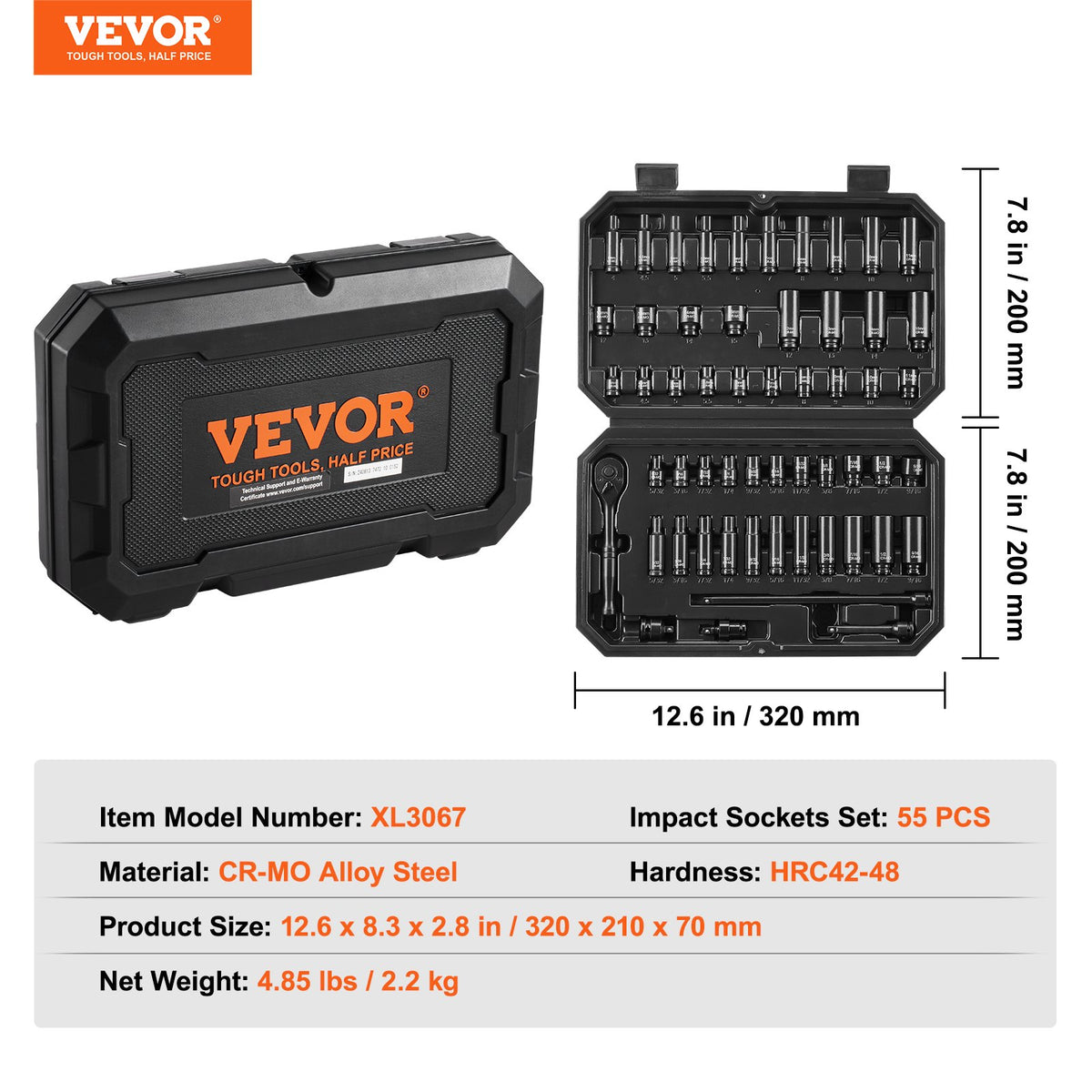 1/4" slaghylsnyckelsats, 55-delars djup och grund hylsnyckelsats SAE 5/32"-9/16" och metrisk 4-15 mm, 6-kantig CR-V-legerat stål för bilreparationer, lättlästa storleksmarkeringar, förvaringsväska