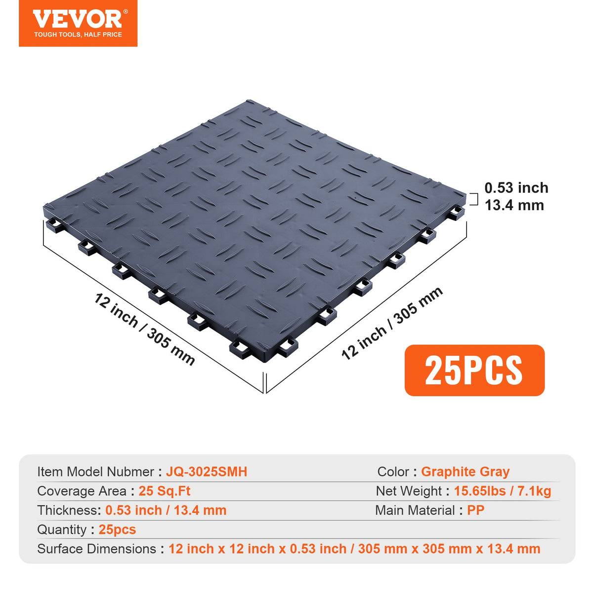 Garage Tiles Interlocking, 12 x 12 x 0.53 inch 25 Pack Garage Floor Covering Tiles, Non-Slip Double-Sided Texture Garage Flooring Tiles, for Garages, Basements, Repair Shops, Graphite Gray