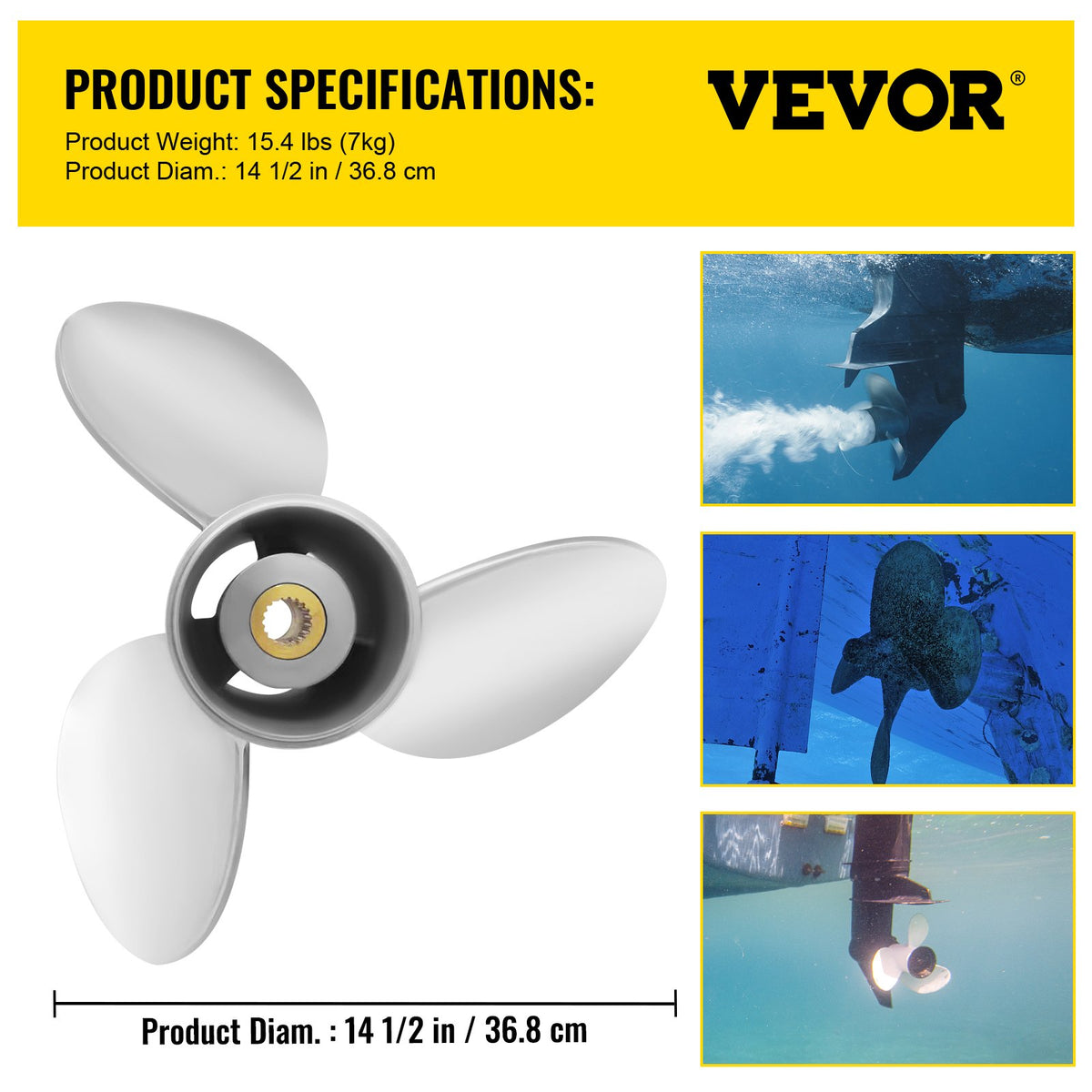 Utombordspropeller, ersätter OEM 3860709, 3-bladig 14,5" x 21" stålpropeller för båt, kompatibel med Volvo Penta SX-drev alla modeller, med 19-tandade splines, höger
