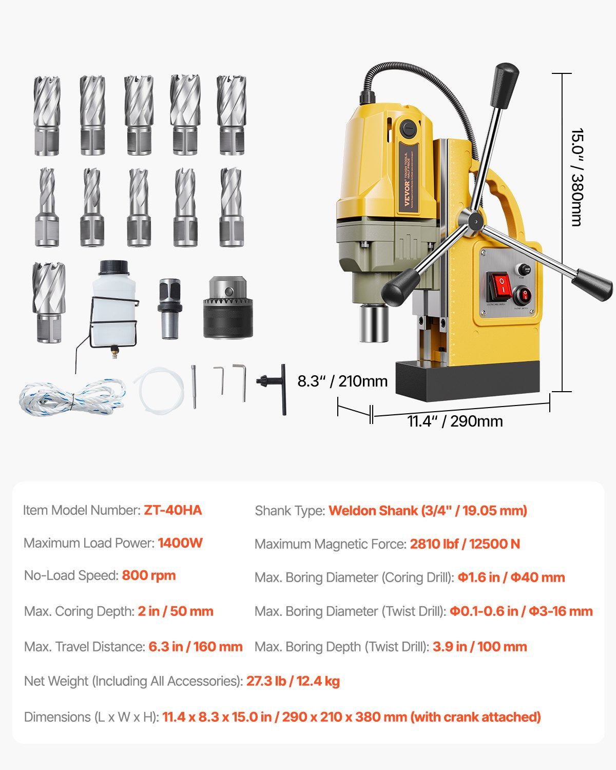 Magnetborrmaskin, 1400W motor, 1,6 tum borrdiameter, 2810 lbf bärbar elektrisk magnetborrpress, med 11 kärnborrar, 800 varv/min hastighet, borrmaskin för metallytor, heminredningsindustrin